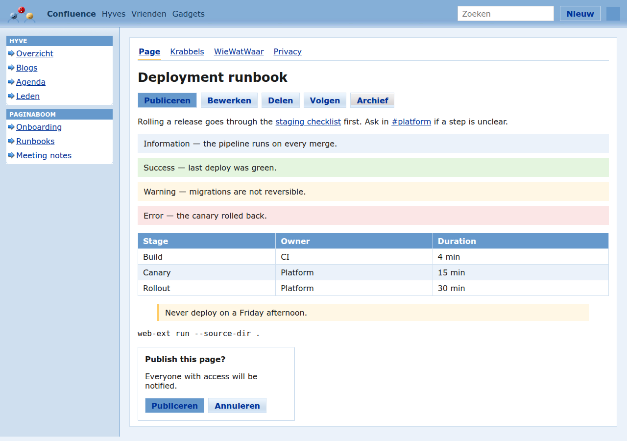 A Confluence page themed as Hyves: pale blue side navigation with arrow bullets, a light blue gradient top bar, square-cornered boxes, and Dutch labels reading Krabbels, WieWatWaar, Leden and Agenda.